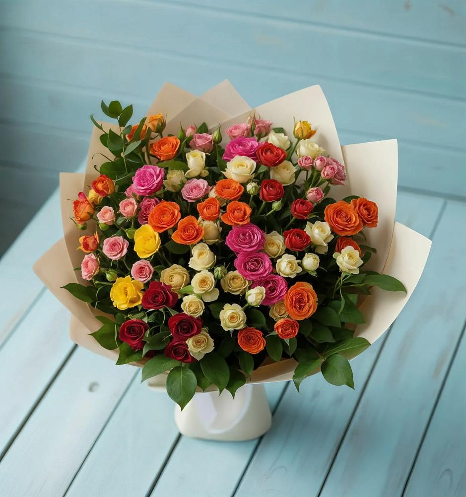 Букет Микс из разноцветных кустовых роз в Вершино-Дарасунском