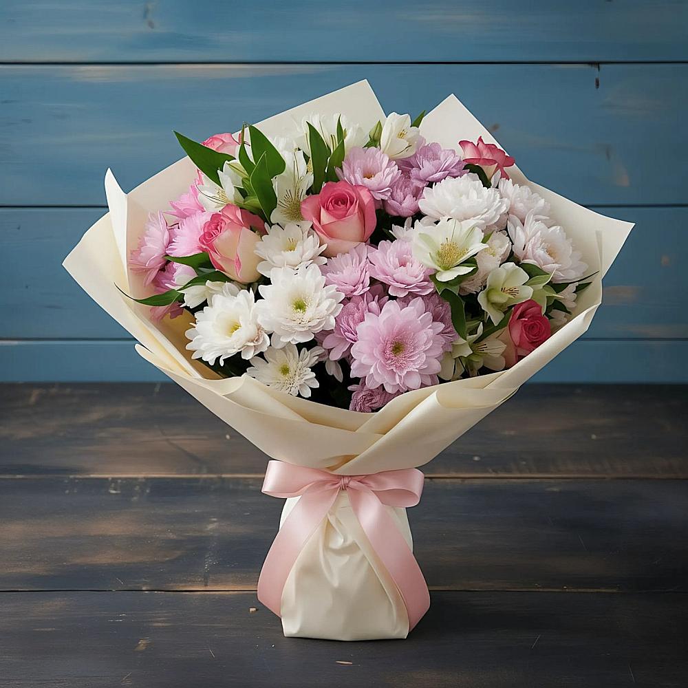 Букет цветов из: Хризантемы, Альстромерии и Розы в Вершино-Дарасунском